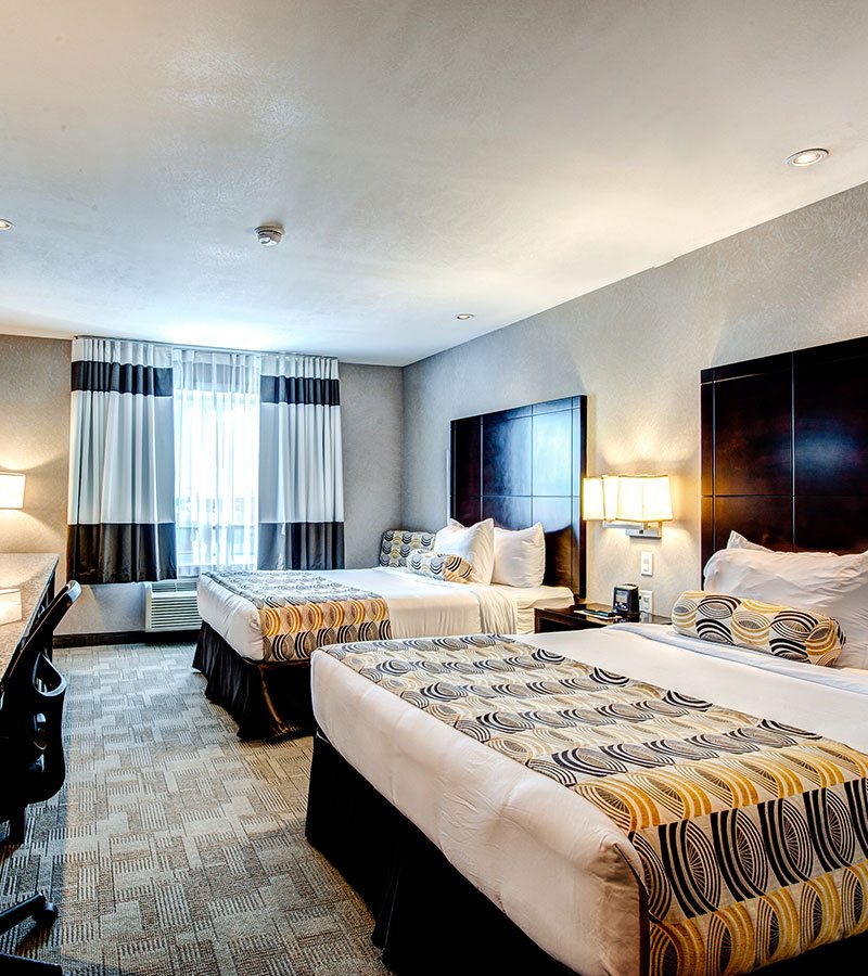 The Home Suite Home Family Room at d3h Home Inn & Suites Swift Current in Saskatchewan, is furnished with two queen sized beds fitted with (white, chocolate brown and geometric print) d3hDream linens - contrasted against tall dark wood headboards.  Two bright wall sconces and natural light from a window dressed in gray and white two-tone drapery provide illumination in the room.