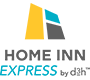 A miniature square shaped logo of Home Inn Express.  HOME INN is presented in capitals and thick black typeset, while express is in lowercase thin green lettering.  A black outline icon of a house, filled in with green, is also an element of the corporate logo.